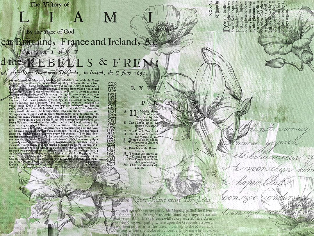 Minimalistische lineare Blumen mit Vintage-Text Fototapete in Grüntönen