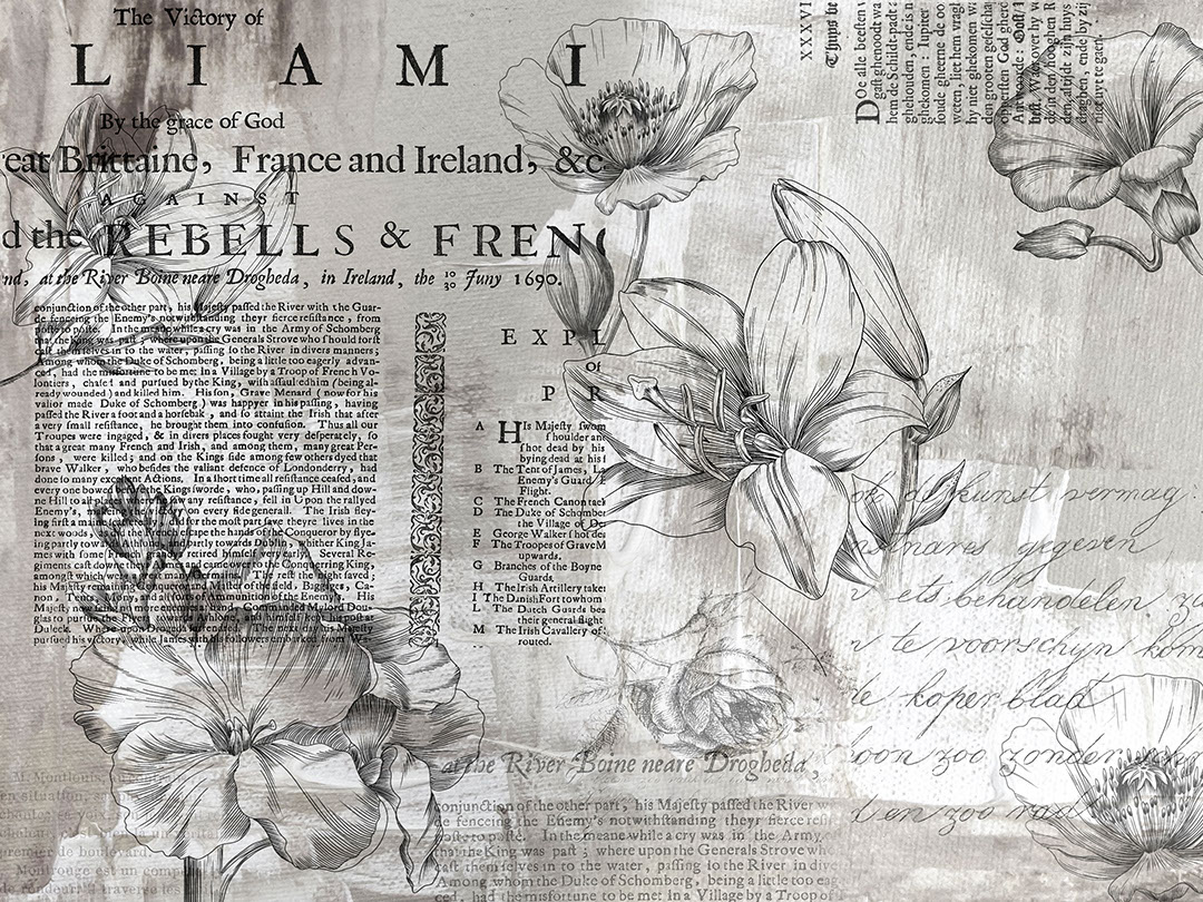 Minimalistische lineare Blumen mit Vintage-Text Fototapeten in Grautönen