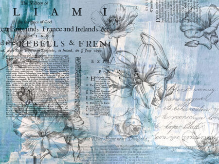 Minimalistische lineare Blumen mit Vintage-Text Fototapete in Blautönen