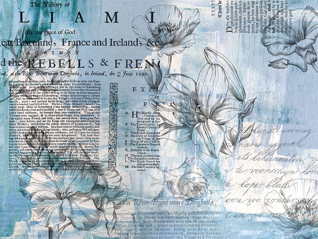 Minimalistische lineare Blumen mit Vintage-Text Fototapete in Blautönen