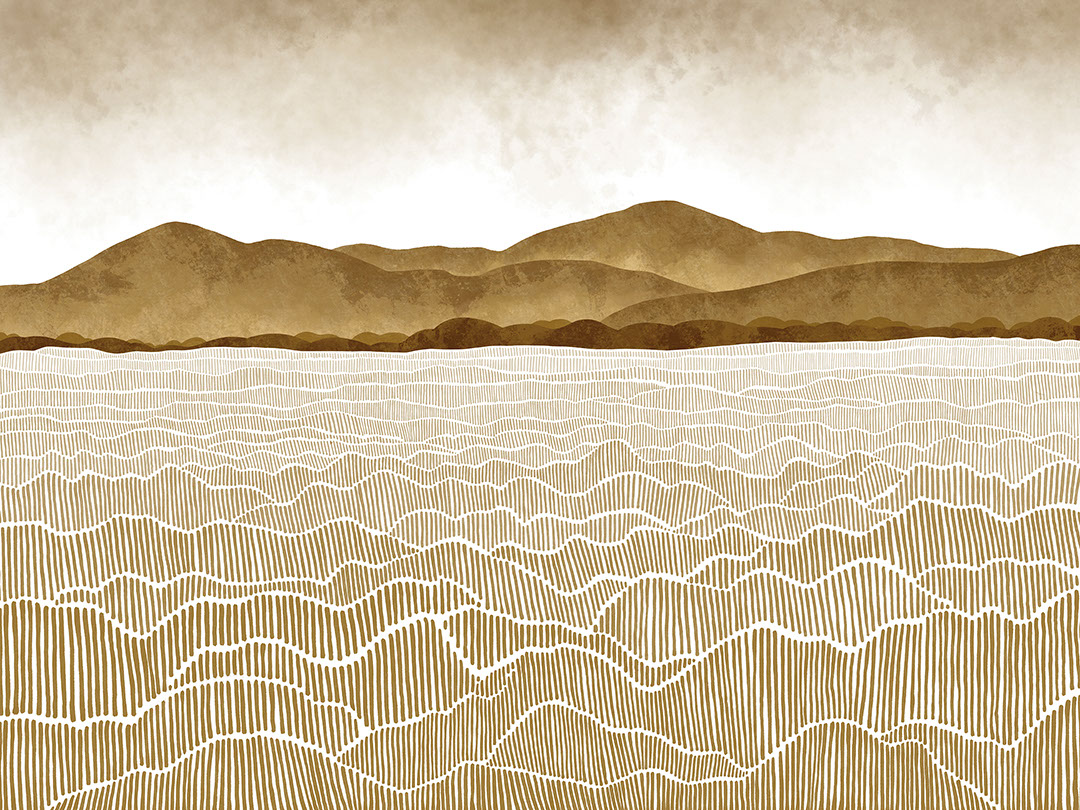 Aquarellbraunes Feld und Berge Fototapete