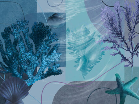 Geometrische Fototapete mit übergroßen blauen Muscheln und Korallen