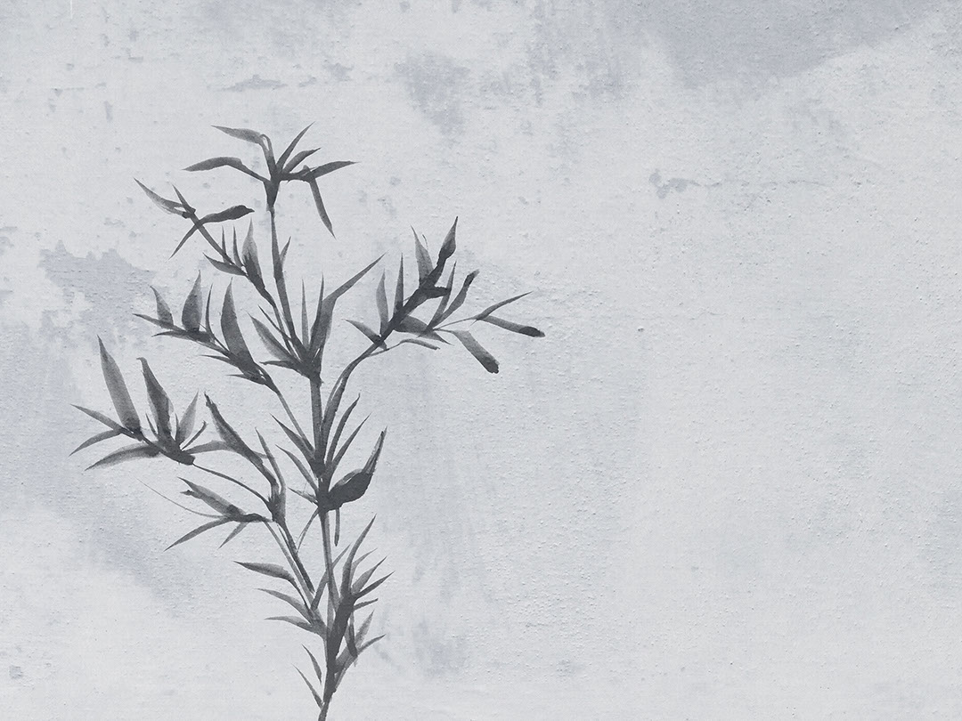 Neutrale asymmetrische Blumen-Fototapete im Japandi-Stil