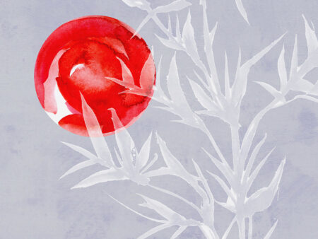 Asymmetrisches Aquarellmotiv Fototapete fürs Badezimmer mit Bambus und roter Sonne im asiatischen Stil