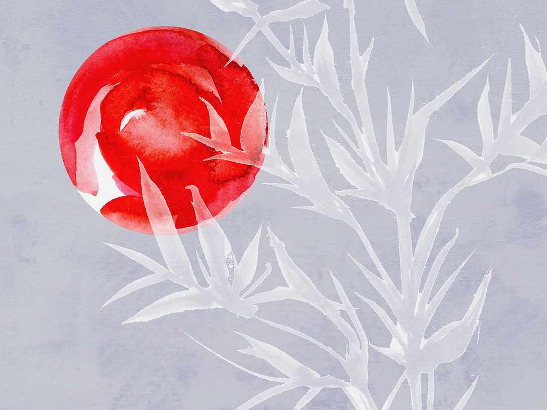 Asymmetrisches Aquarellmotiv Fototapete fürs Badezimmer mit Bambus und roter Sonne im asiatischen Stil