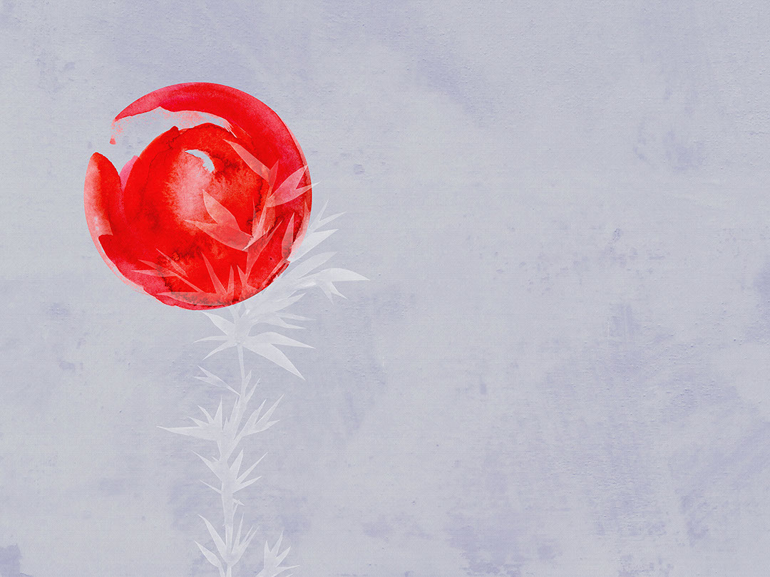 Asymmetrische Aquarell-Minimalistische Fototapete fürs Badezimmer mit Bambus und roter Sonne im asiatischen Stil