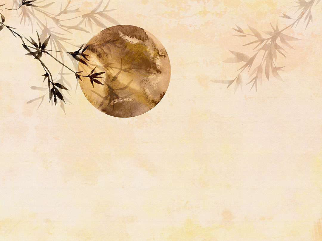 Asymmetrische Aquarell-Fototapete fürs Badezimmer mit Bambus und Mond im asiatischen Stil