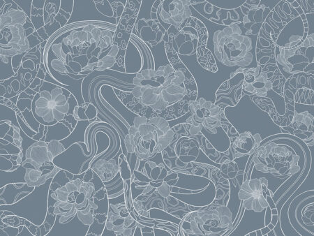Zarte blaue lineare Schlangen und Blumen Fototapete
