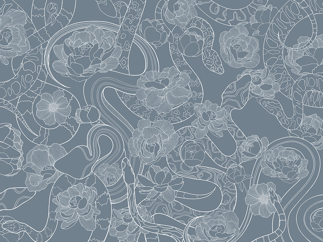 Zarte blaue lineare Schlangen und Blumen Fototapete