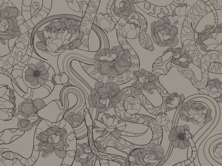 Zarte graue lineare Schlangen und Blumen Fototapete