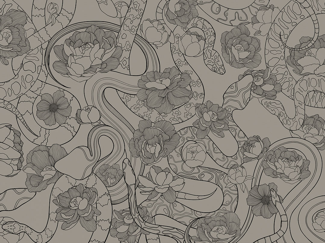 Zarte graue lineare Schlangen und Blumen Fototapete