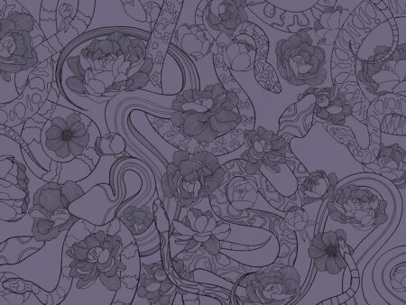 Zarte lila lineare Schlangen und Blumen Fototapete
