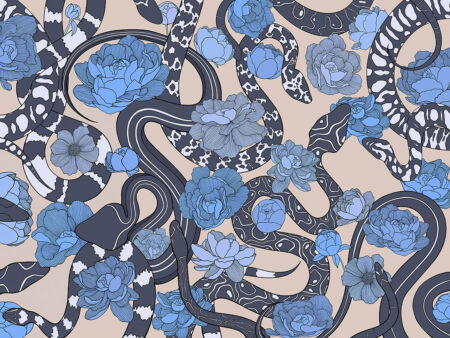 Schwarze Schlangen und blaue Blumen Fototapeten