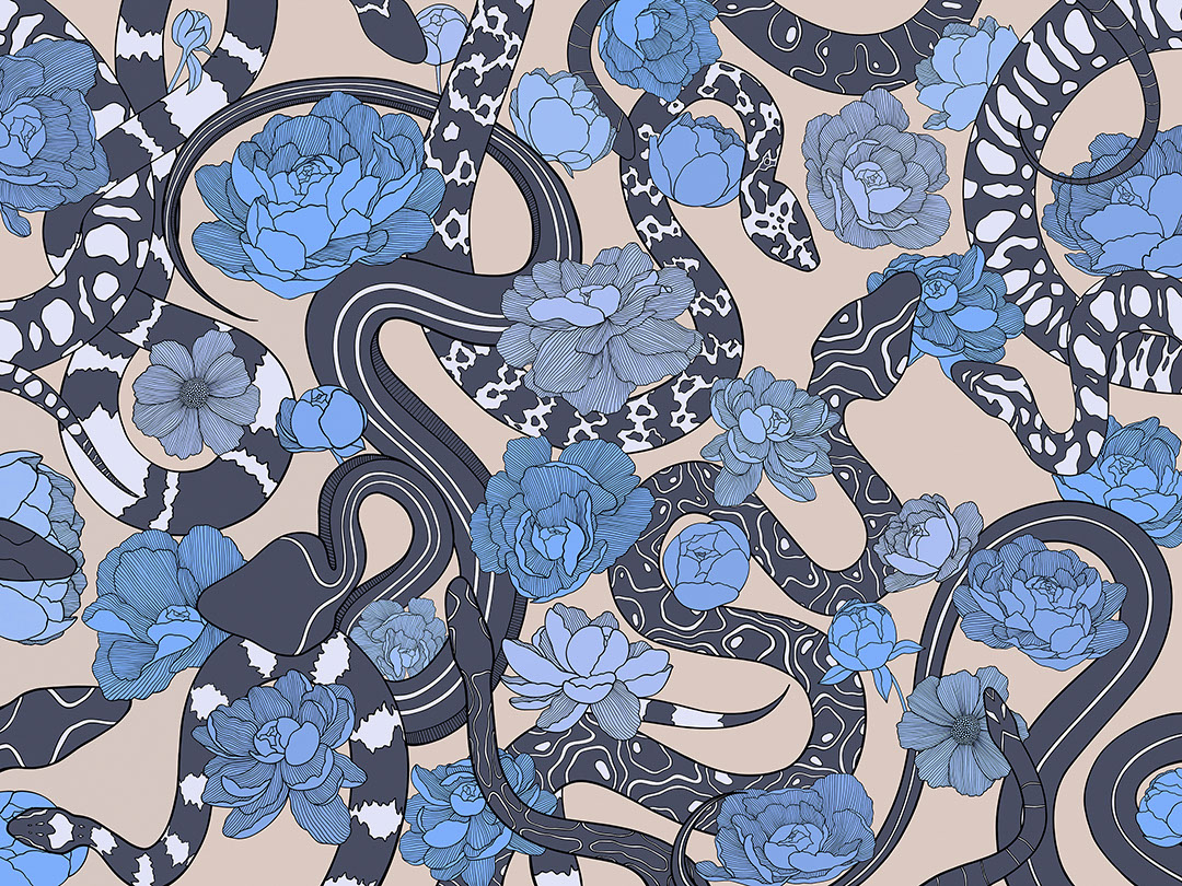 Schwarze Schlangen und blaue Blumen Fototapeten
