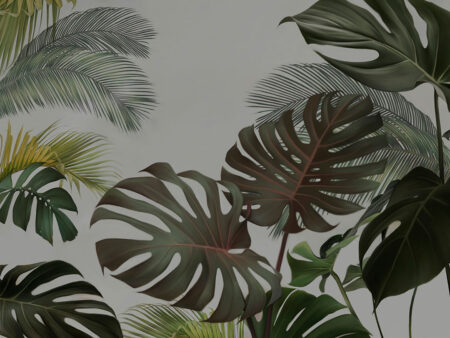 Tropische maximalistische Monstera und Palme Fototapete auf grauem Hintergrund