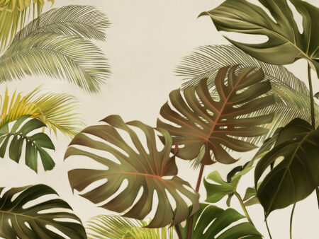 Tropische, leuchtende Monstera und Palme Fototapete