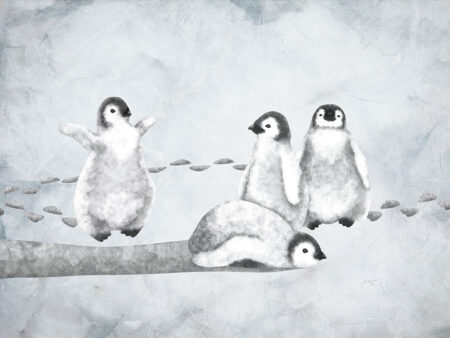 Aquarell-Pinguine in Schwarz und Weiß auf strukturiertem Hintergrund, Fototapete für Kinder