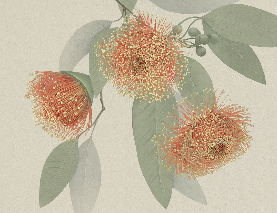 Maximalistische orange Blumen Fototapete mit zarten Blättern
