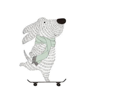Minimalistische Fototapete im Grafikstil mit einem Hund auf einem Skateboard in grünem Schal