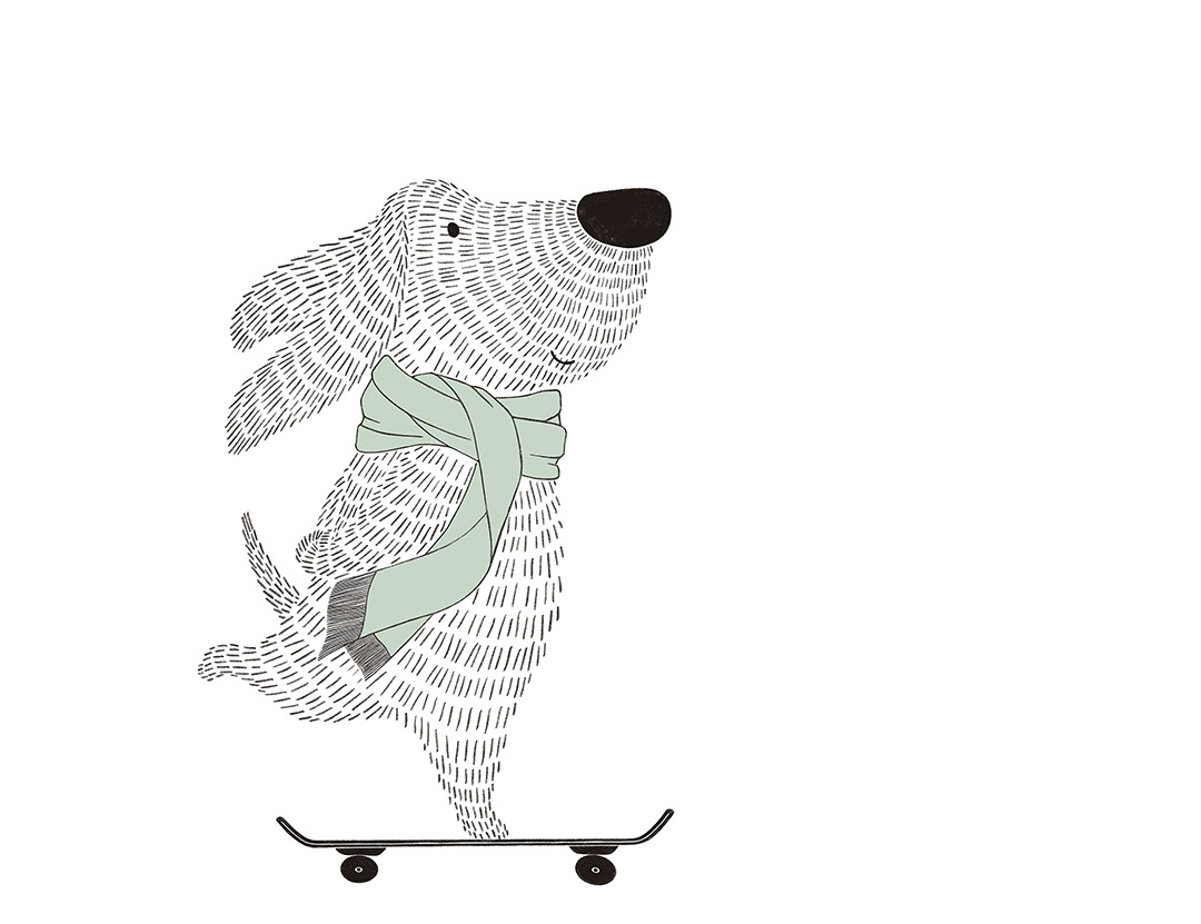 Minimalistische Fototapete im Grafikstil mit einem Hund auf einem Skateboard in grünem Schal