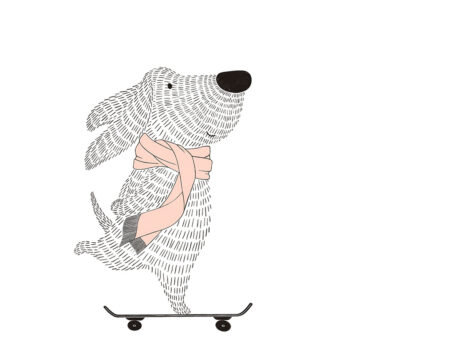Minimalistische Fototapete im Grafikstil mit einem Hund auf einem Skateboard in rosa Schal