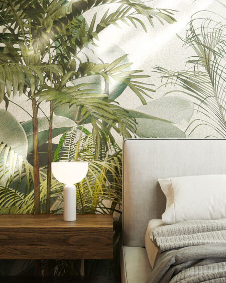 Moderne Tapete mit grünen tropischen Pflanzen und kleinen Palmen