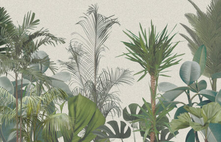 Moderne Tapete mit grünen tropischen Pflanzen und kleinen Palmen auf grauem Hintergrund