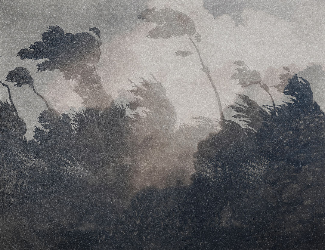 Vintage Fototapete grau geätzter Wald mit Wolken