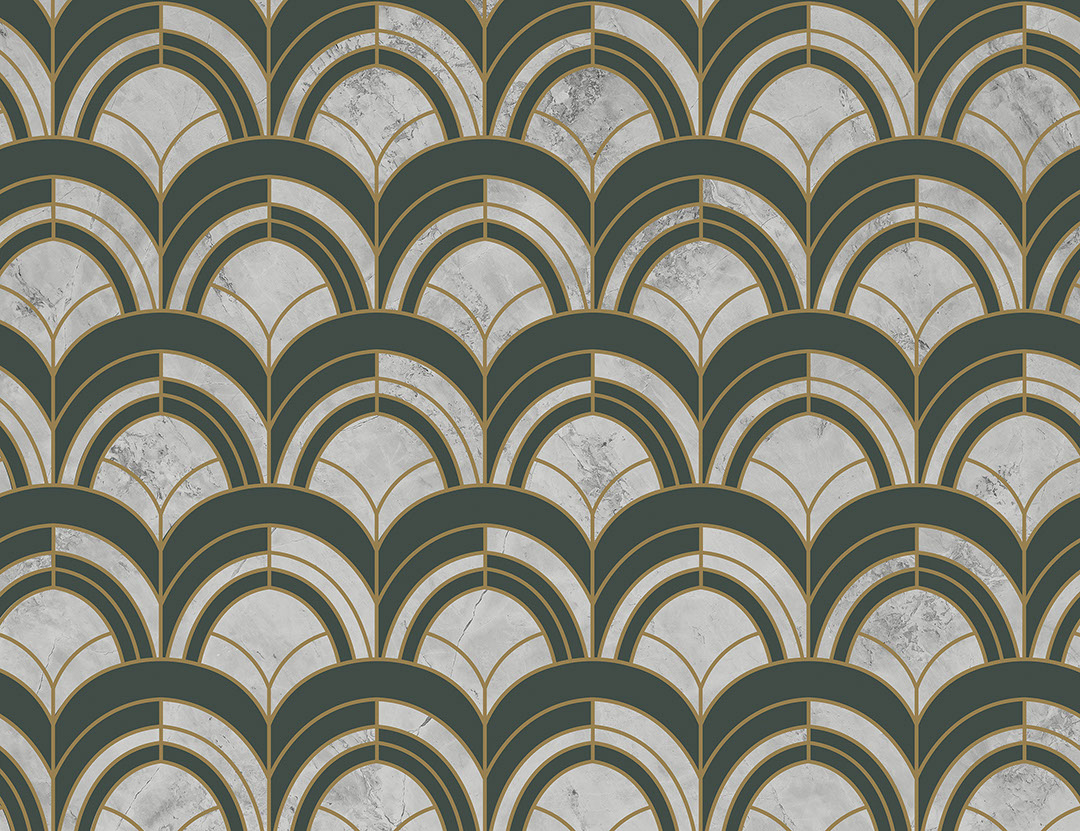 Marinegrün und graue gemusterte Fototapete mit geometrischem Art-Deco-Druck