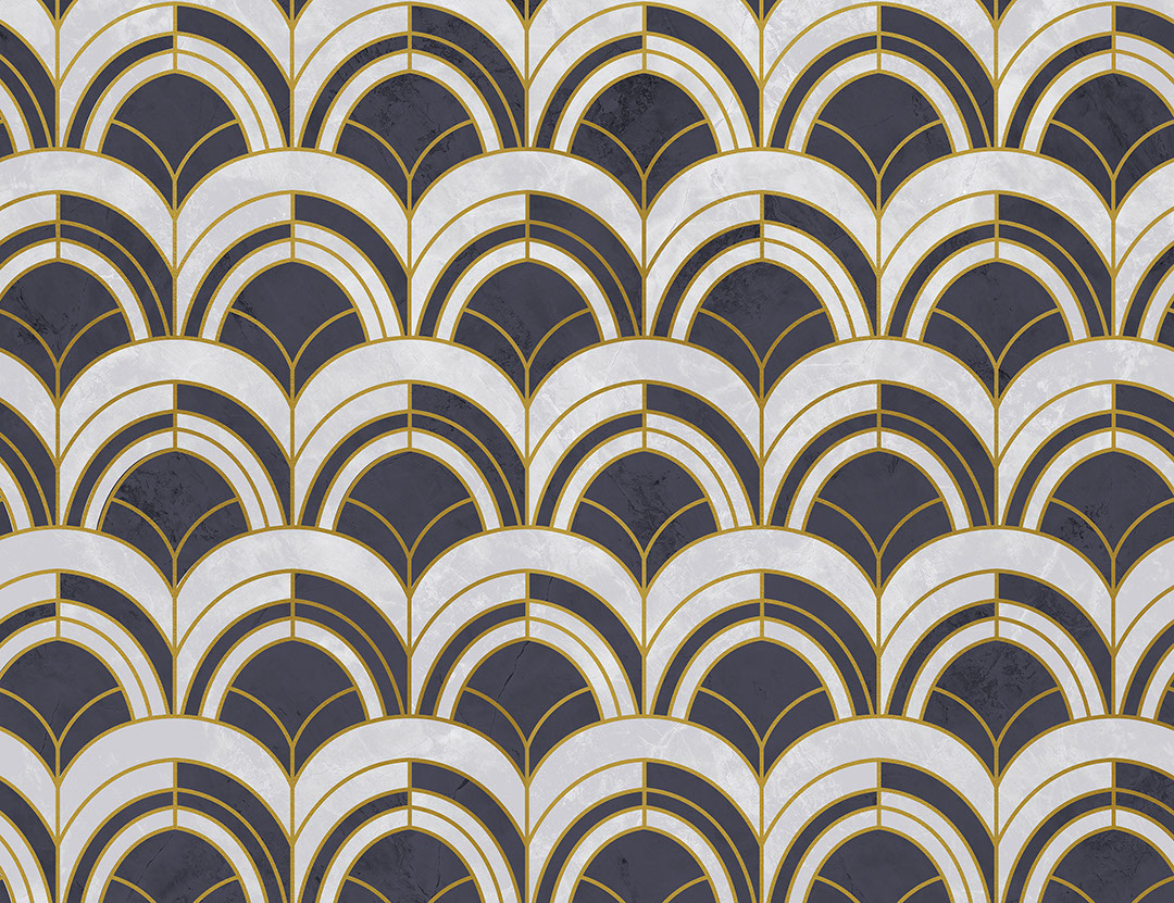 Marineblaue und graue gemusterte Fototapeten mit geometrischem Art-Deco-Druck