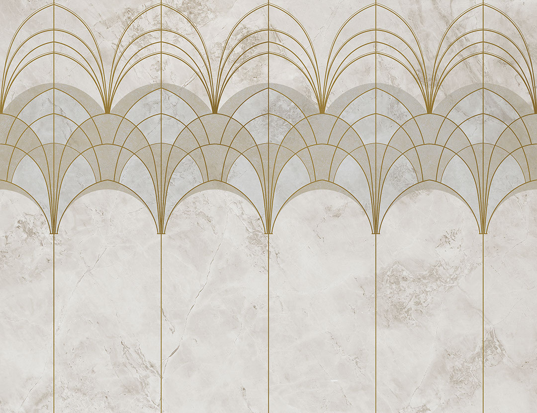 Gold-weiße, elegante Art-Deco-Bögen, Fototapete auf strukturiertem Hintergrund