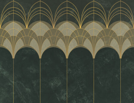Elegante Fototapete mit Art-Deco-Bögen in Gold und Marinegrün