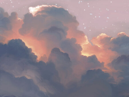 Flauschige Wolken im sternenklaren rosa Himmel Fototapete