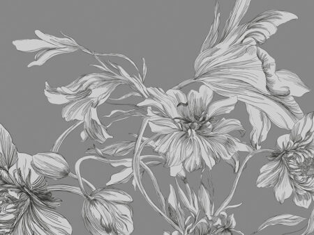 Fototapete im Maximalismus-Stil mit zarten Blumen auf grauem Hintergrund