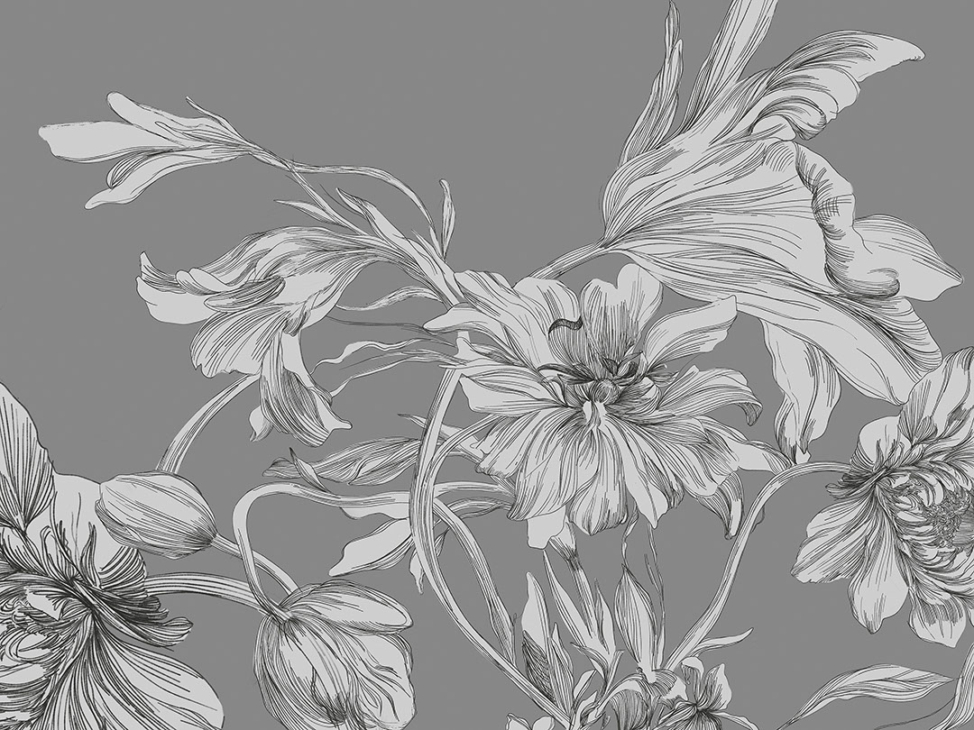 Fototapete im Maximalismus-Stil mit zarten Blumen auf grauem Hintergrund