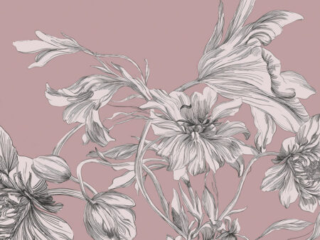 Fototapete im Maximalismus-Stil mit zarten Blumen auf rosa Hintergrund