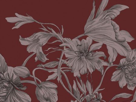 Fototapete im Maximalismus-Stil mit zarten Blumen auf rotem Hintergrund