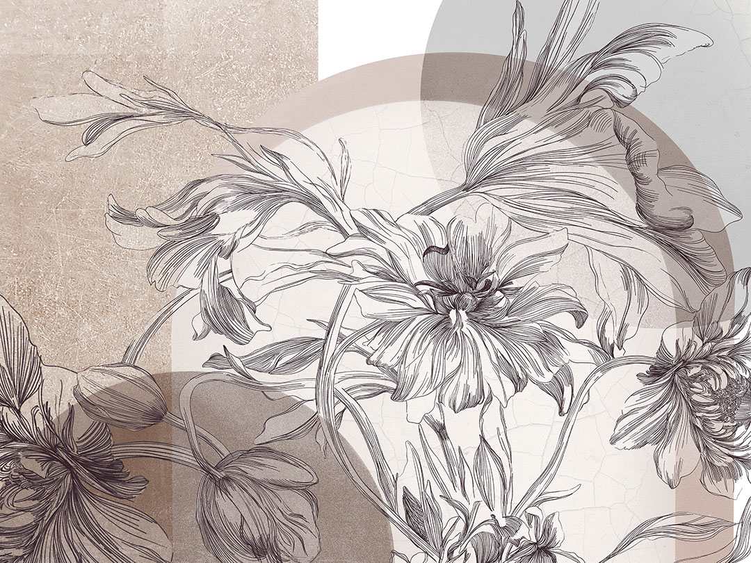 Zarte braune Blumen mit geometrischen Elementen Fototapeten