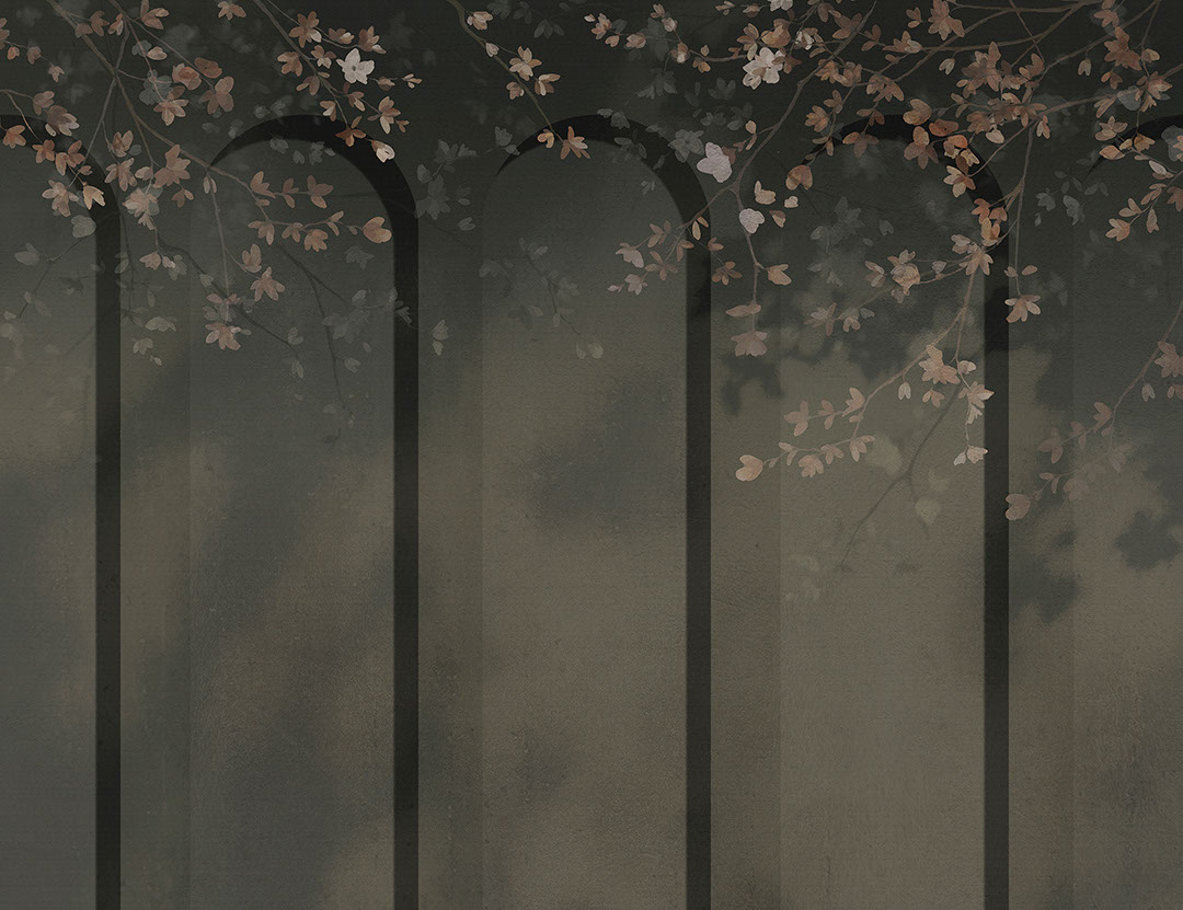 Geometrische graue Art-Deco-Bögen mit zarten Blumen Fototapeten