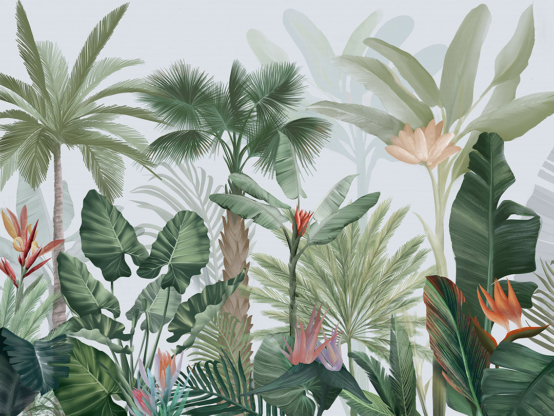 Tropische botanische Blätter und Palmen auf hellem Hintergrund Fototapeten
