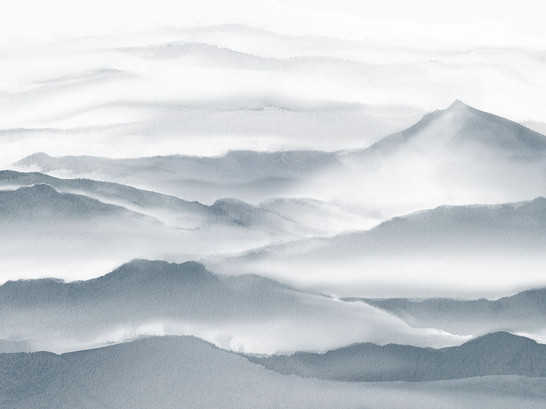 Aquarellblaue Berge im Nebel Fototapete