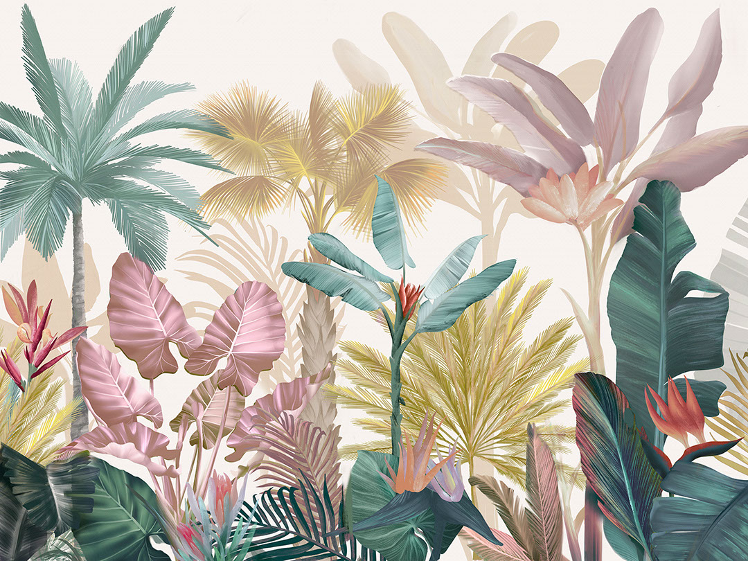 Tropische botanische Blätter und Palmen in Pastellfarben Fototapete auf weißem Hintergrund