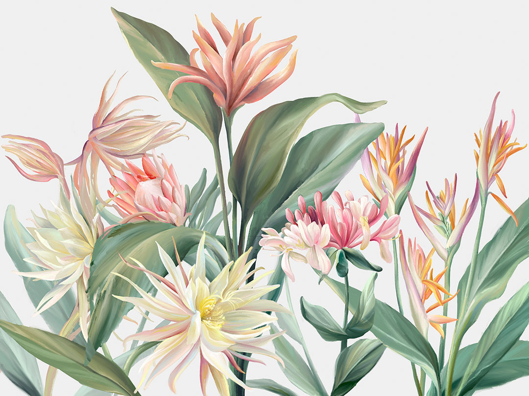 Fototapeten mit zarten tropischen Blumen auf hellem Hintergrund