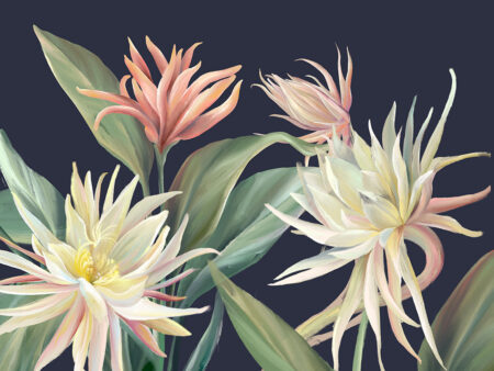 Fototapete mit zarten tropischen Blumen und Blättern auf blauem Hintergrund