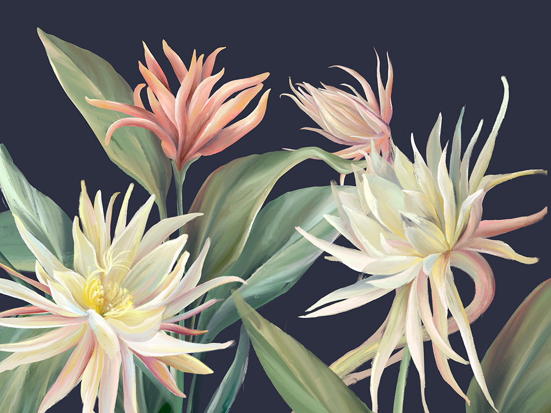 Fototapete mit zarten tropischen Blumen und Blättern auf blauem Hintergrund