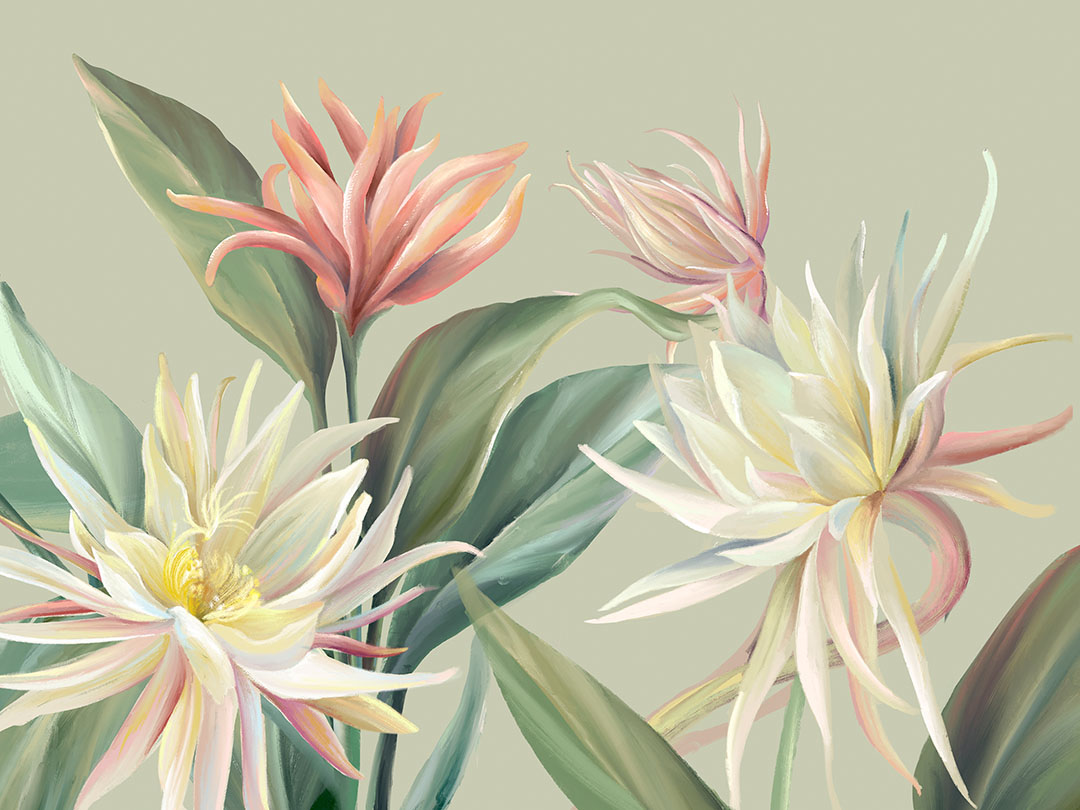 Fototapeten mit zarten tropischen Blumen und Blättern auf grünem Hintergrund