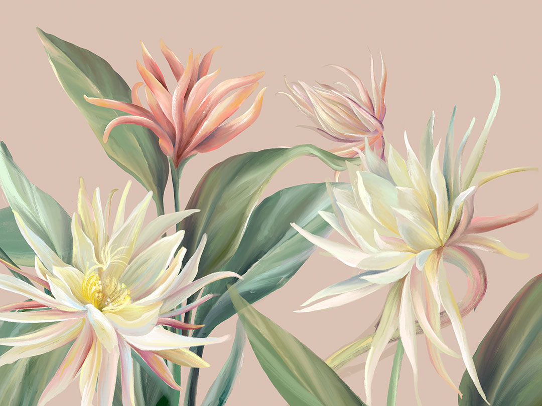 Fototapete mit zarten tropischen Blumen und Blättern auf rosa Hintergrund