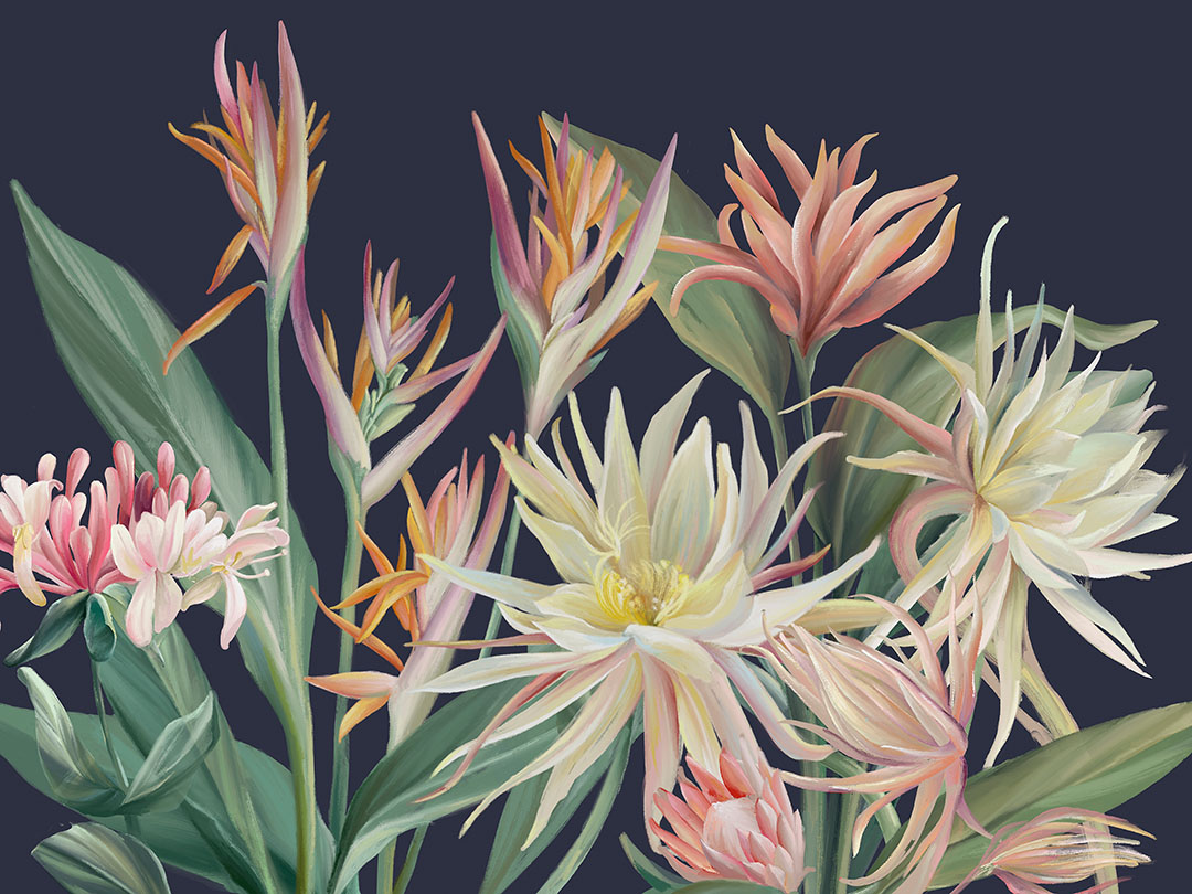 Fototapeten mit zarten tropischen Blumen auf marineblauem Hintergrund