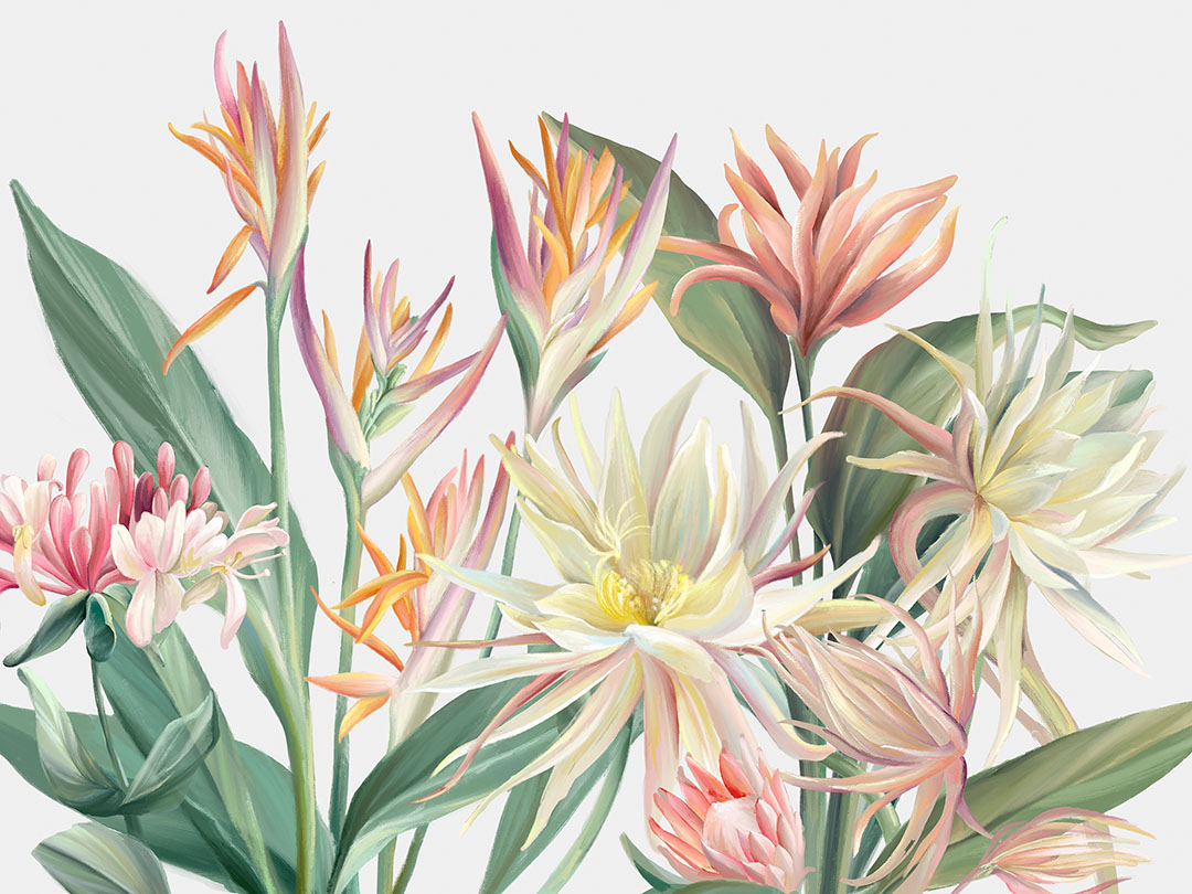 Fototapeten mit zarten tropischen Blumen auf weißem Hintergrund