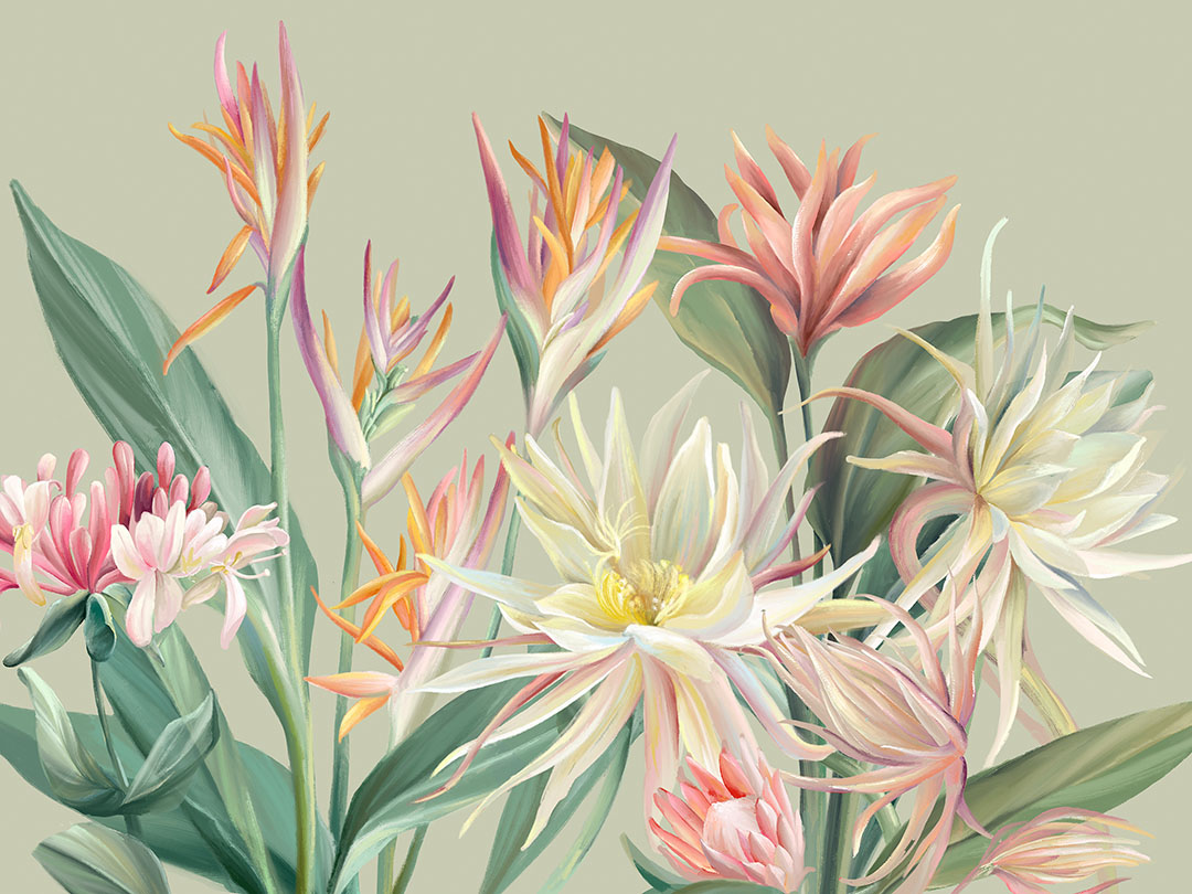 Fototapeten mit zarten tropischen Blumen auf grünem Hintergrund
